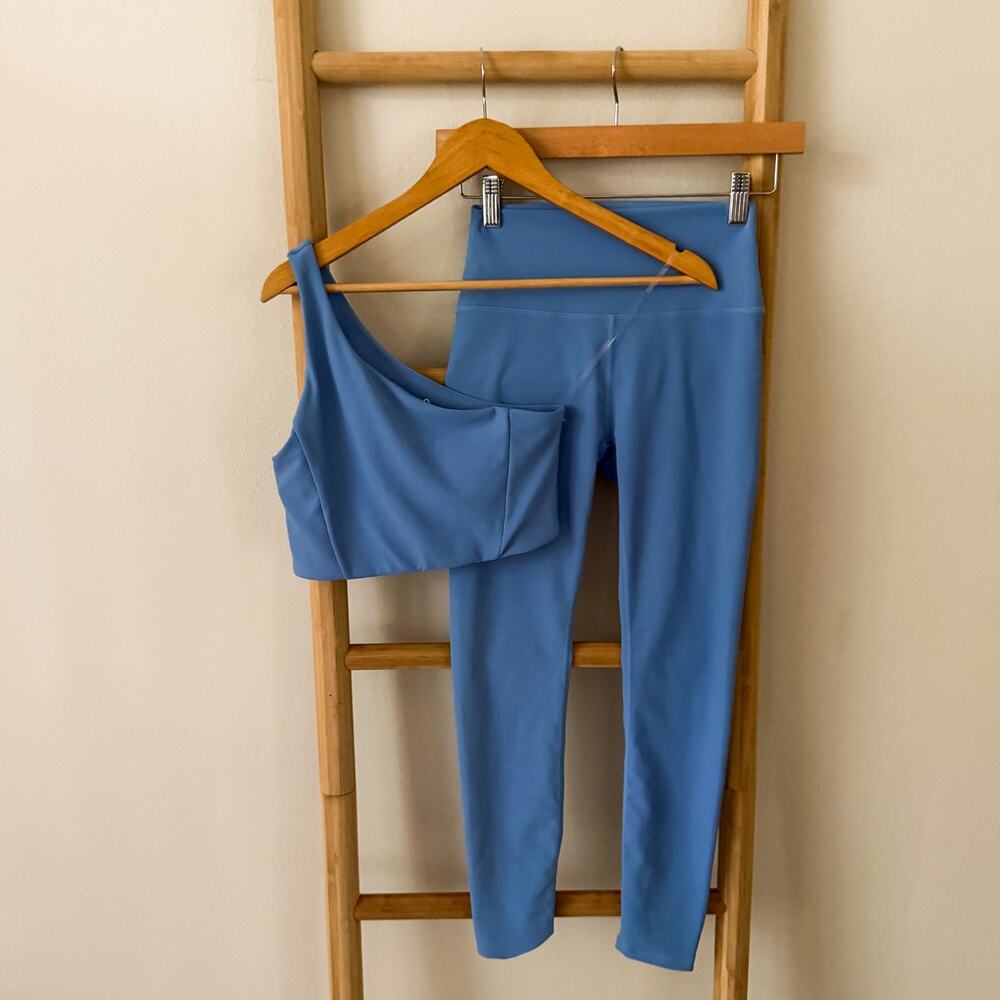 WILO Australia Blue Ribbed One Shoulder Sports Bra Leggings Set XS Yoga